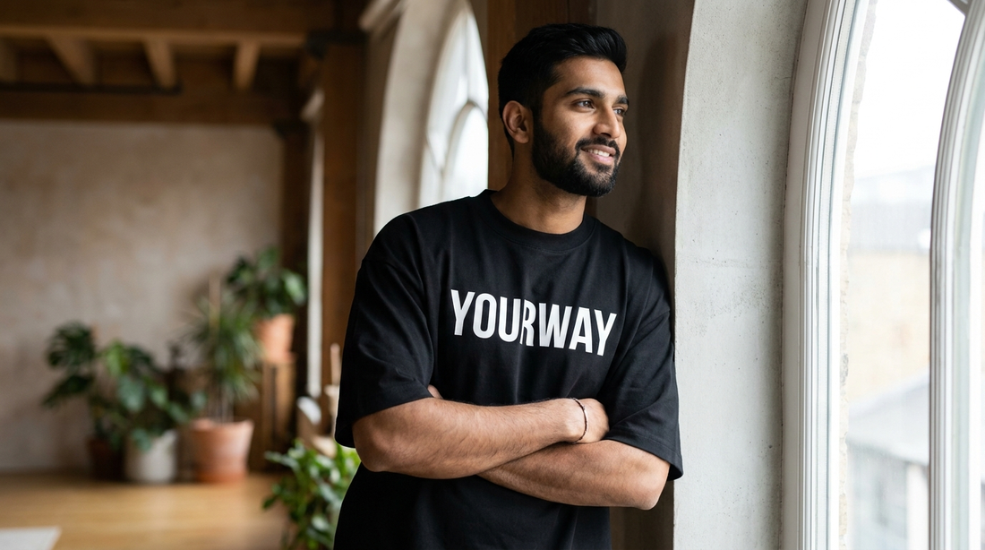 Man wearing a black heavyweight oversized YOURWAY t-shirt showing quality cotton fabric texture in natural light