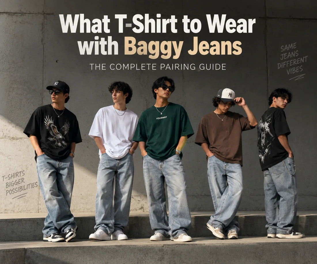 Five men wearing YOURWAY oversized graphic and plain t-shirts styled with baggy wide-leg jeans