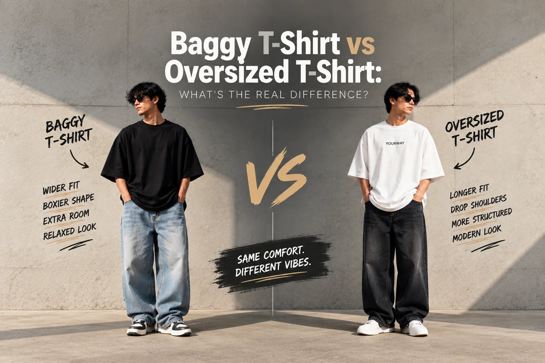 Comparison graphic showing baggy t-shirt versus oversized t-shirt fit on a YOURWAY model