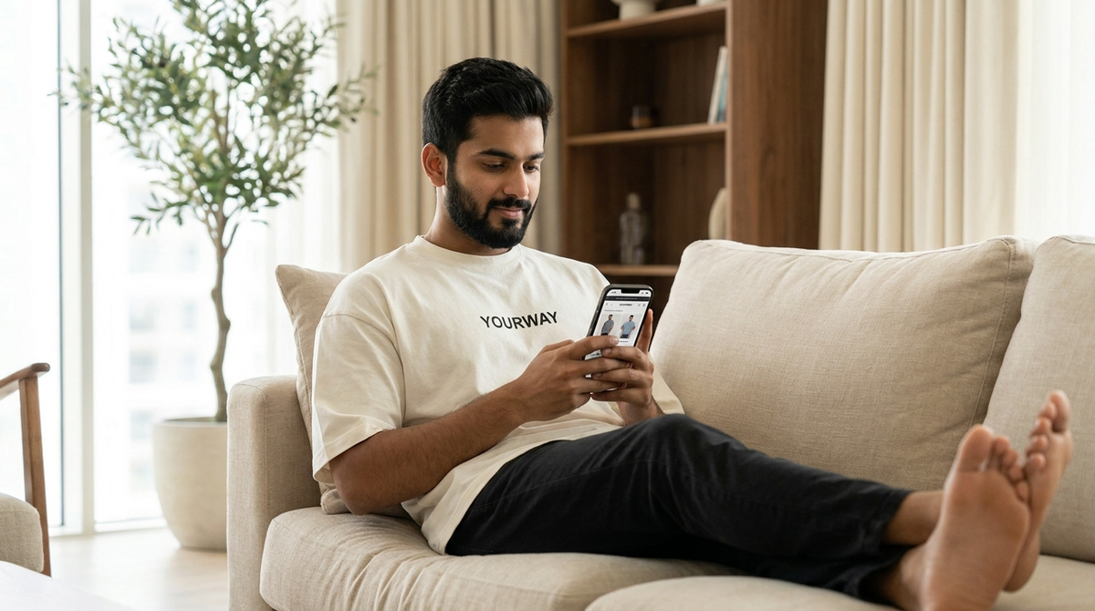 Man wearing a white oversized YOURWAY t-shirt browsing an online store on his phone at home