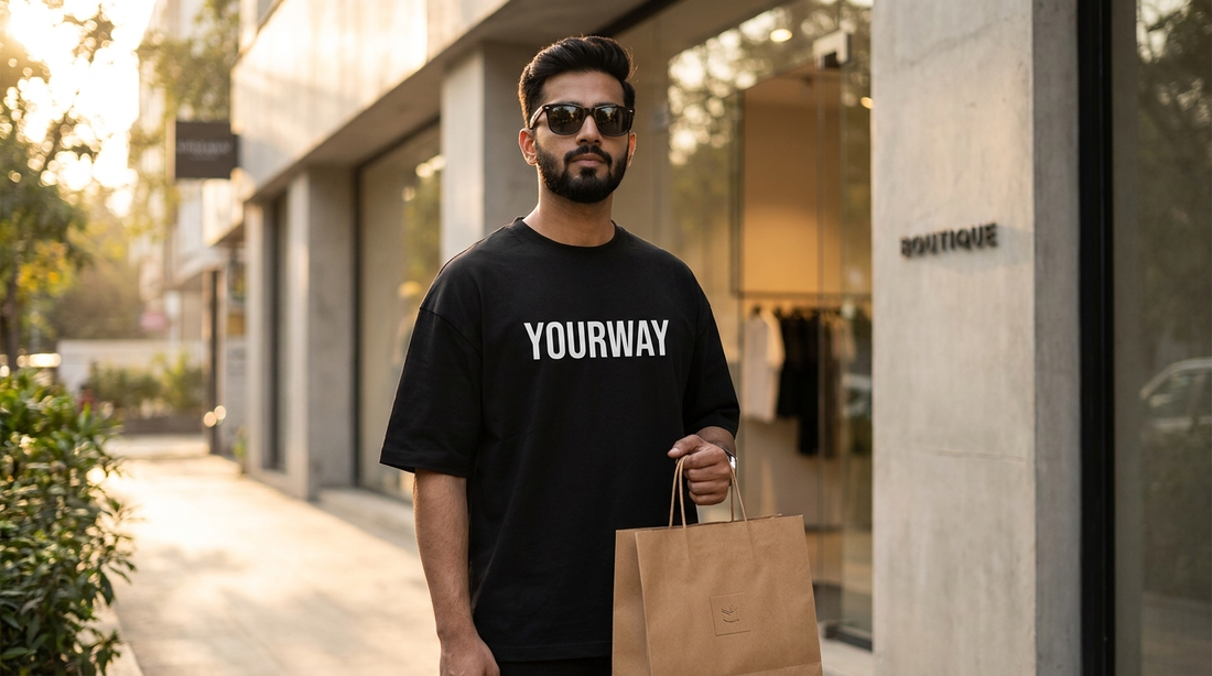 Man wearing a black oversized YOURWAY t-shirt holding a shopping bag outside a boutique storefront at golden hour