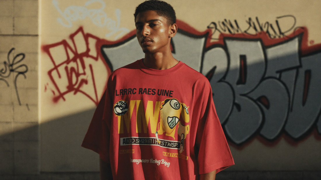 Man in red oversized graphic t-shirt against an urban graffiti wall, 2026 streetwear style