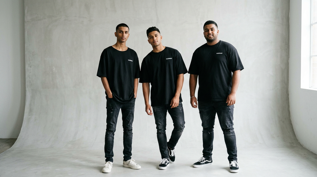 Three men of different body types wearing YOURWAY oversized drop shoulder t-shirts side by side, showing fit across builds