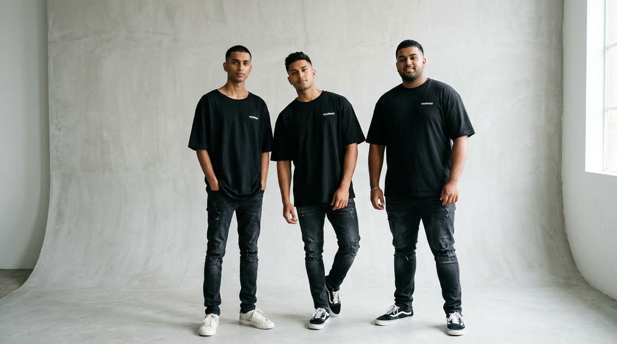 Three men of different body types wearing YOURWAY oversized drop shoulder t-shirts side by side, showing fit across builds