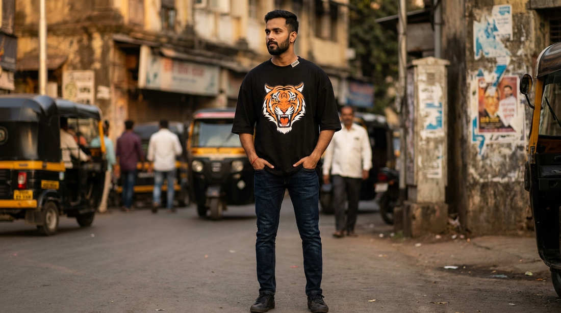 Man wearing a YOURWAY black oversized drop shoulder t-shirt with tiger graphic, showing the dropped shoulder seam, urban streetwear lifestyle photo