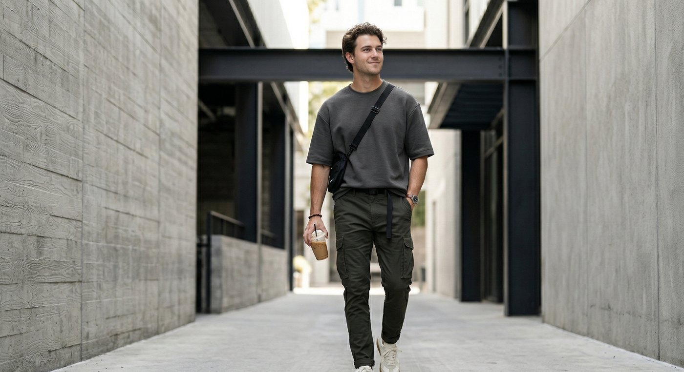 Man wearing dark grey 240 GSM oversized t-shirt with olive green cargo pants in an urban setting