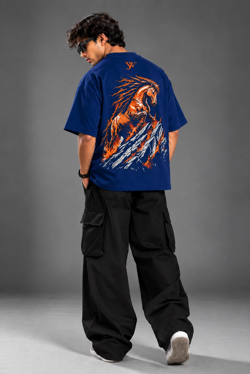 Model wearing the men's Navy Fire Horse T-Shirt, back view showing the fire horse graphic in full