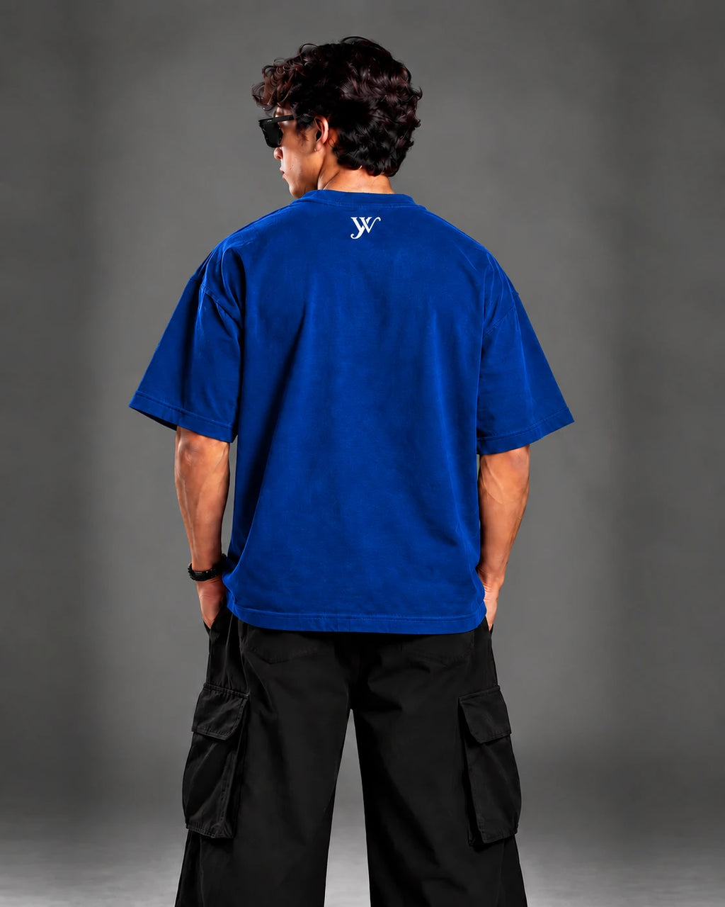 Back view of the Navy Blue T-Shirt showing the oversized drop-shoulder fit and YW monogram