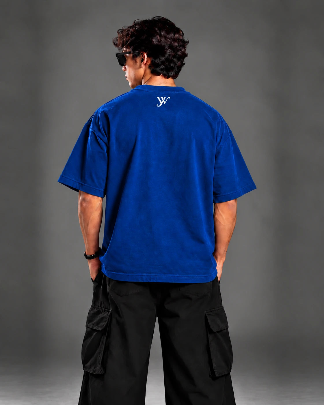 Back view of the Navy Blue T-Shirt showing the oversized drop-shoulder fit and YW monogram