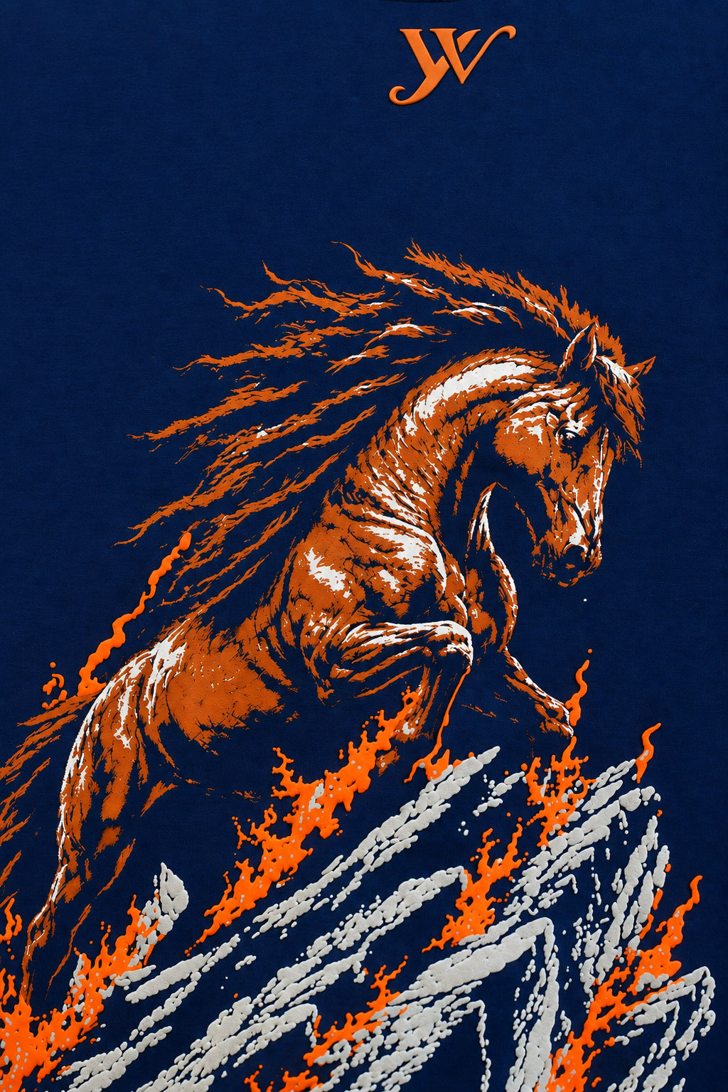 Close-up of the ember stallion back graphic on the men's Navy Fire Horse T-Shirt