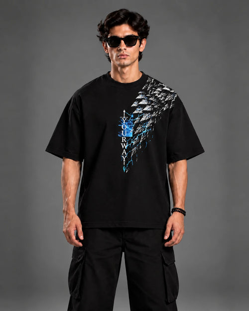Model wearing the oversized Blue Ice Dragon T-Shirt, front view showing the YOURWAY shoulder print with electric shard graphic