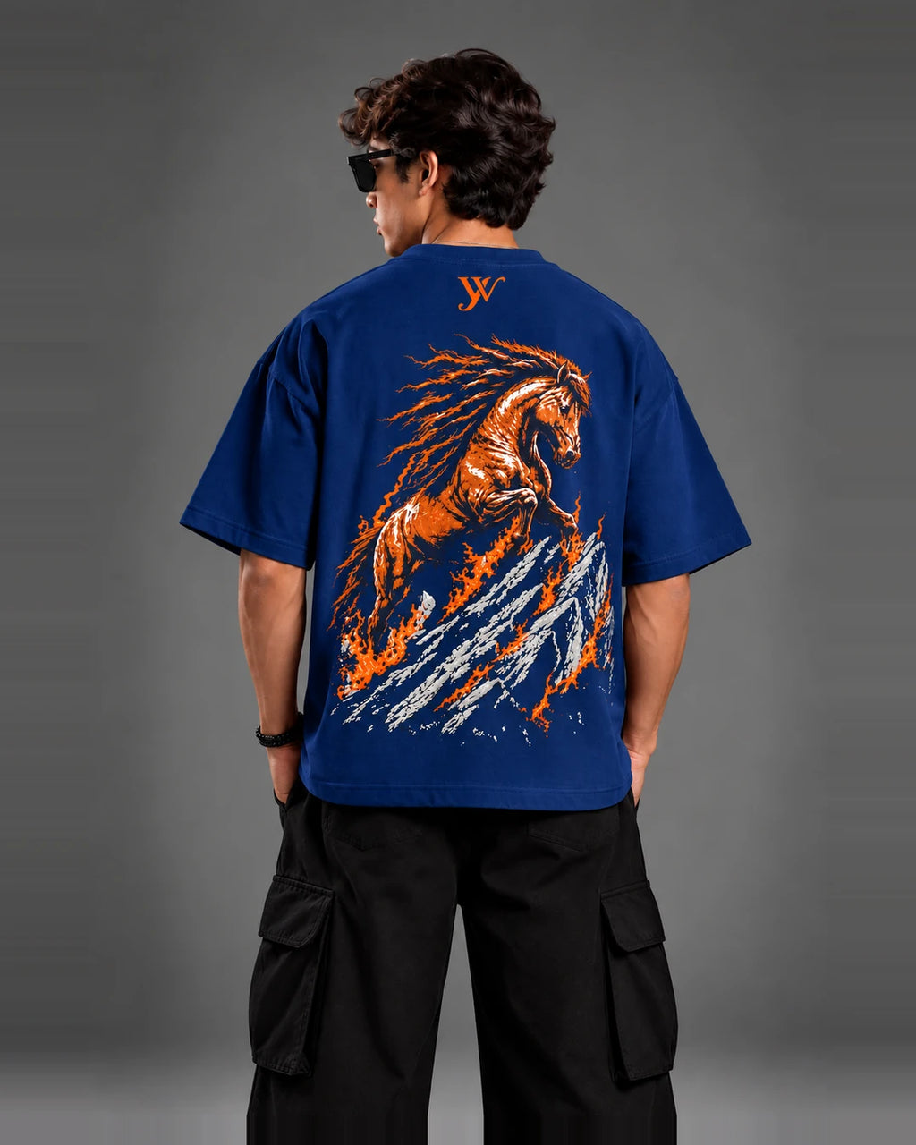 Back view of the men's Navy Fire Horse T-Shirt showing the blazing horse rearing over fire-lit rock