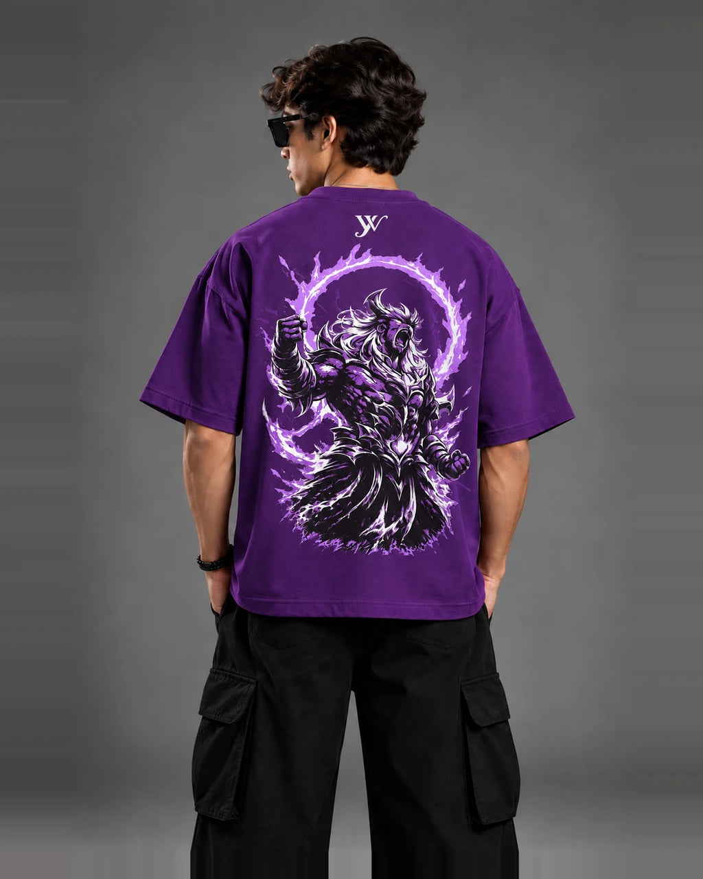 Model wearing Purple Warrior T-Shirt, back view showing the roaring beast-warrior graphic with flame aura ring