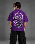 Model wearing Purple Warrior T-Shirt, back view showing the roaring beast-warrior graphic with flame aura ring