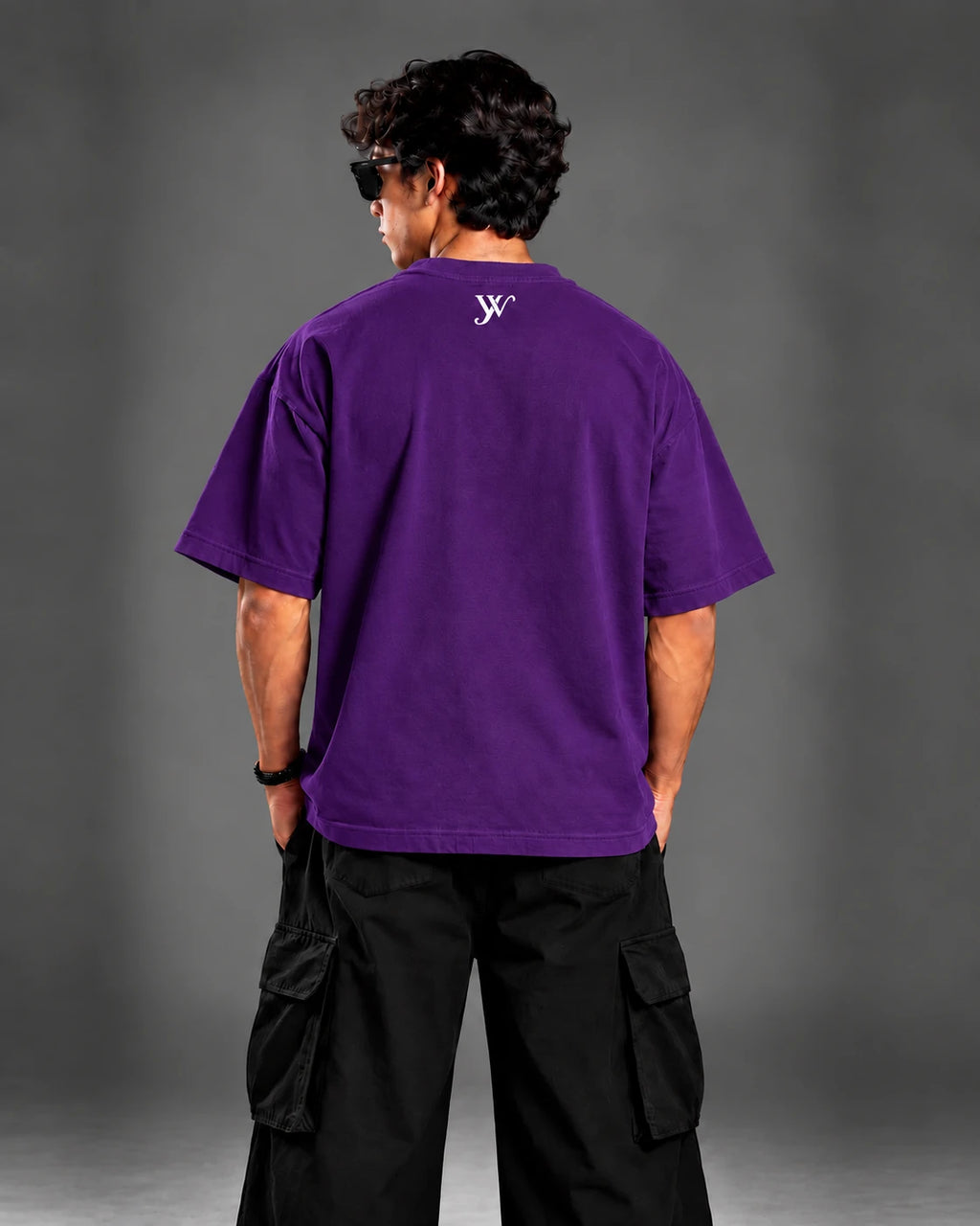 Model wearing the Royal Purple T-Shirt, front view with white YOURWAY puff print wordmark