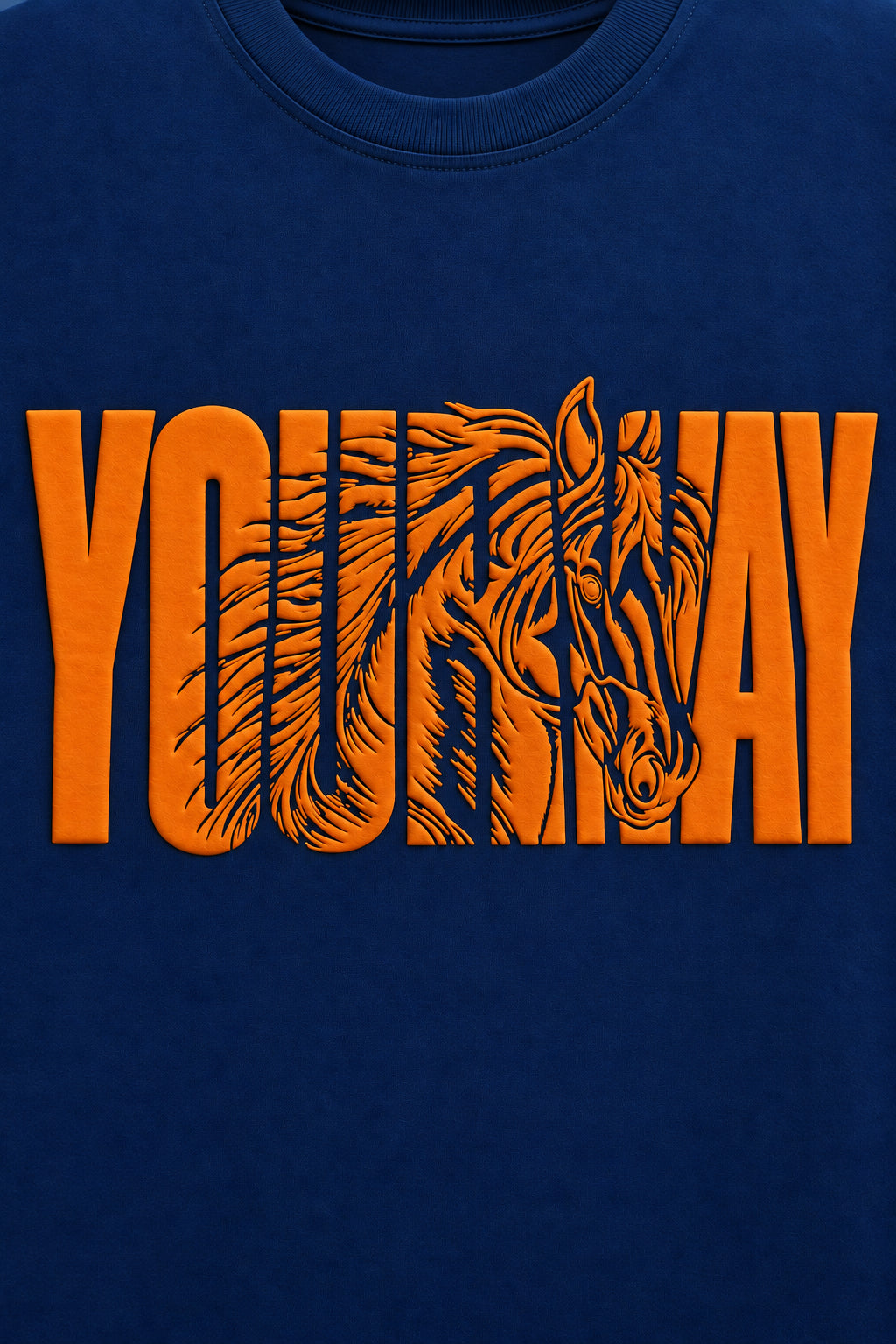 Close-up of the raised orange YOURWAY horse silhouette print on the men's Navy Fire Horse T-Shirt