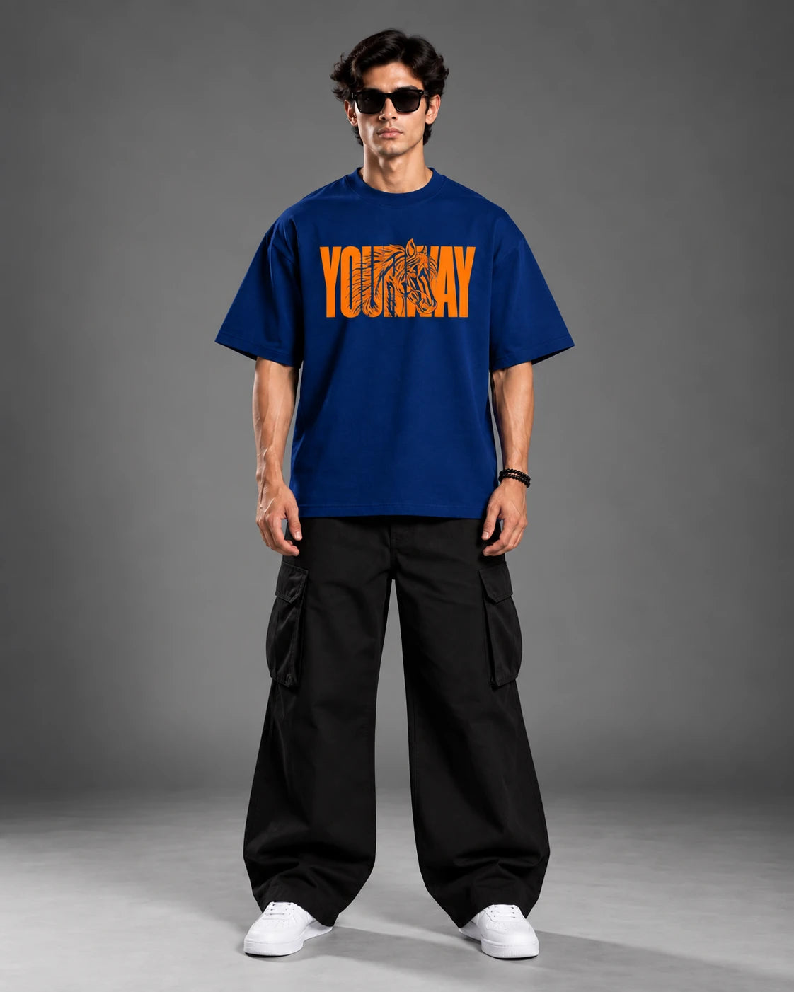 Model wearing the men's Navy Fire Horse T-Shirt, front view close-up of the YOURWAY horse silhouette graphic