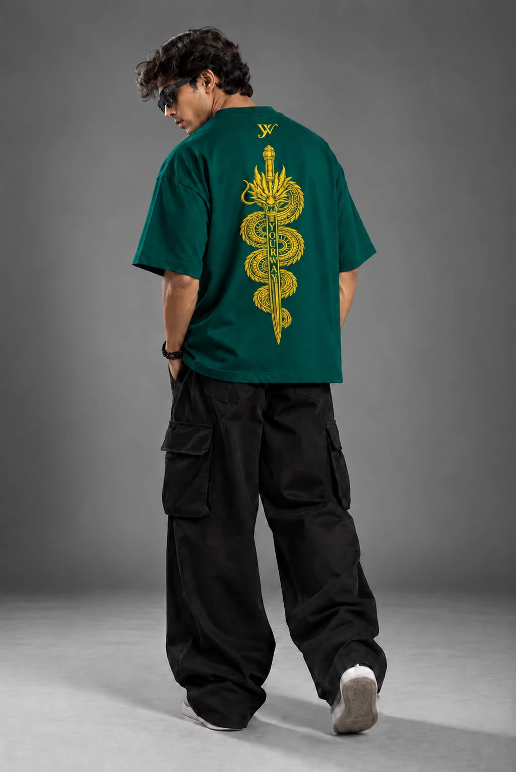 Back view of the Teal Dragon Sword T-Shirt showing the dragon coiled around the sword blade