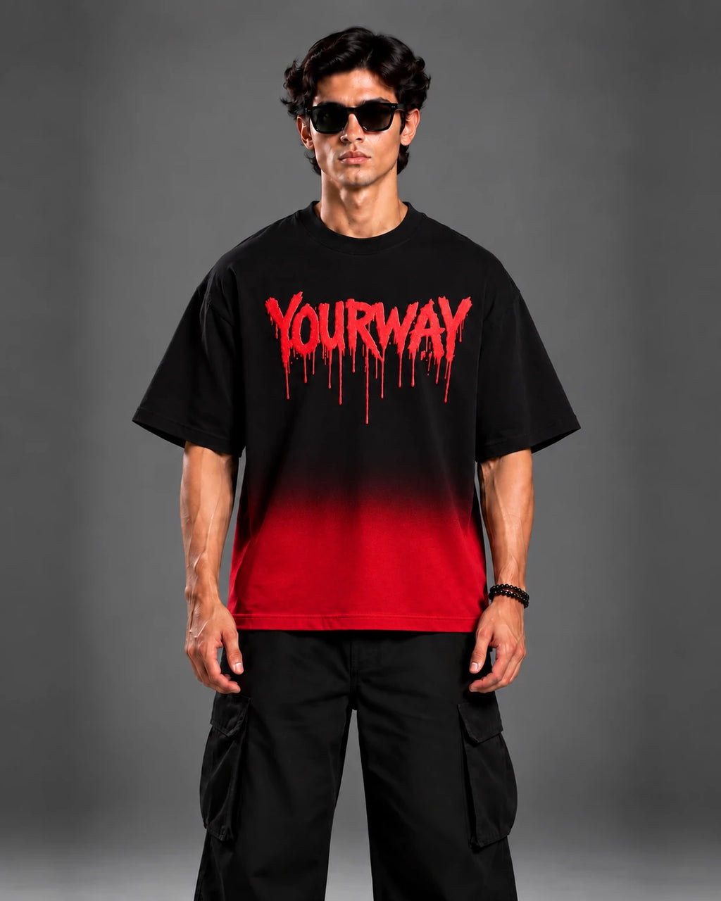 Studio portrait of model wearing Blood Moon Black Ombre Tee, front view with YOURWAY drip wordmark print