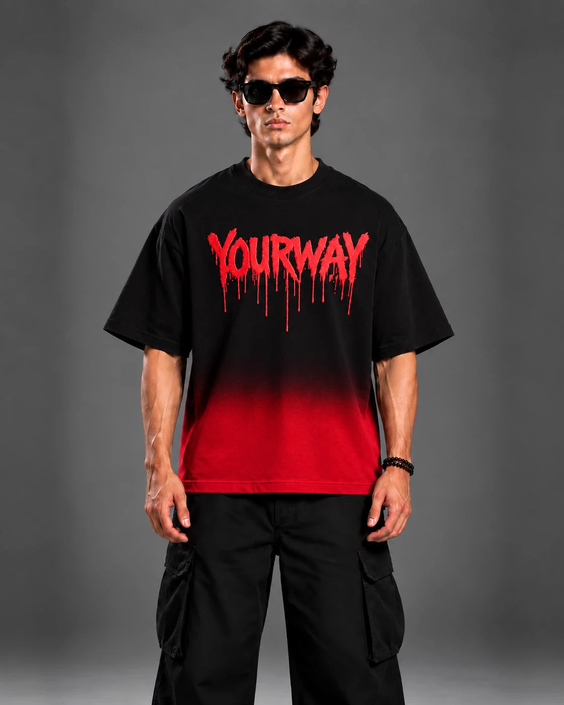 Studio portrait of model wearing Blood Moon Black Ombre Tee, front view with YOURWAY drip wordmark print