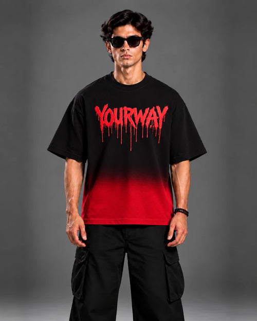 Studio portrait of model wearing Blood Moon Black Ombre Tee, front view with YOURWAY drip wordmark print