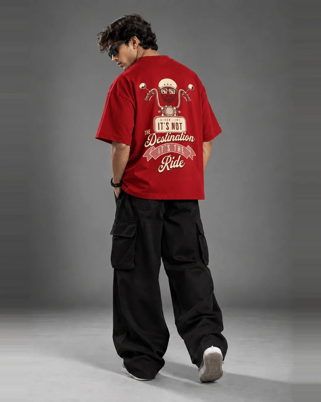 Biker t-shirt back walking shot streetwear