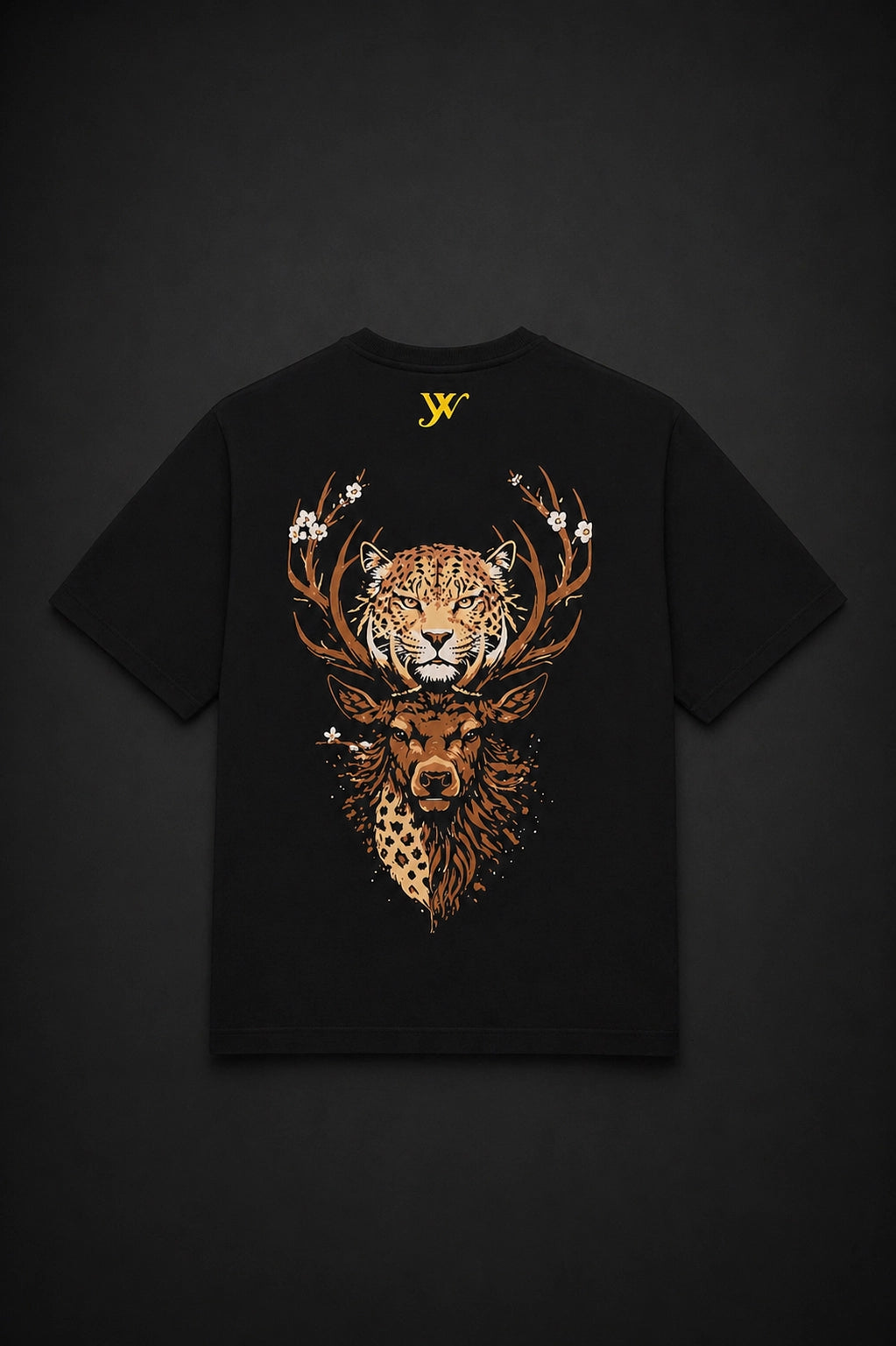 Men’s black oversized graphic T-shirt back view with tiger and deer antler artwork and YourWay logo, relaxed fit premium cotton streetwear style