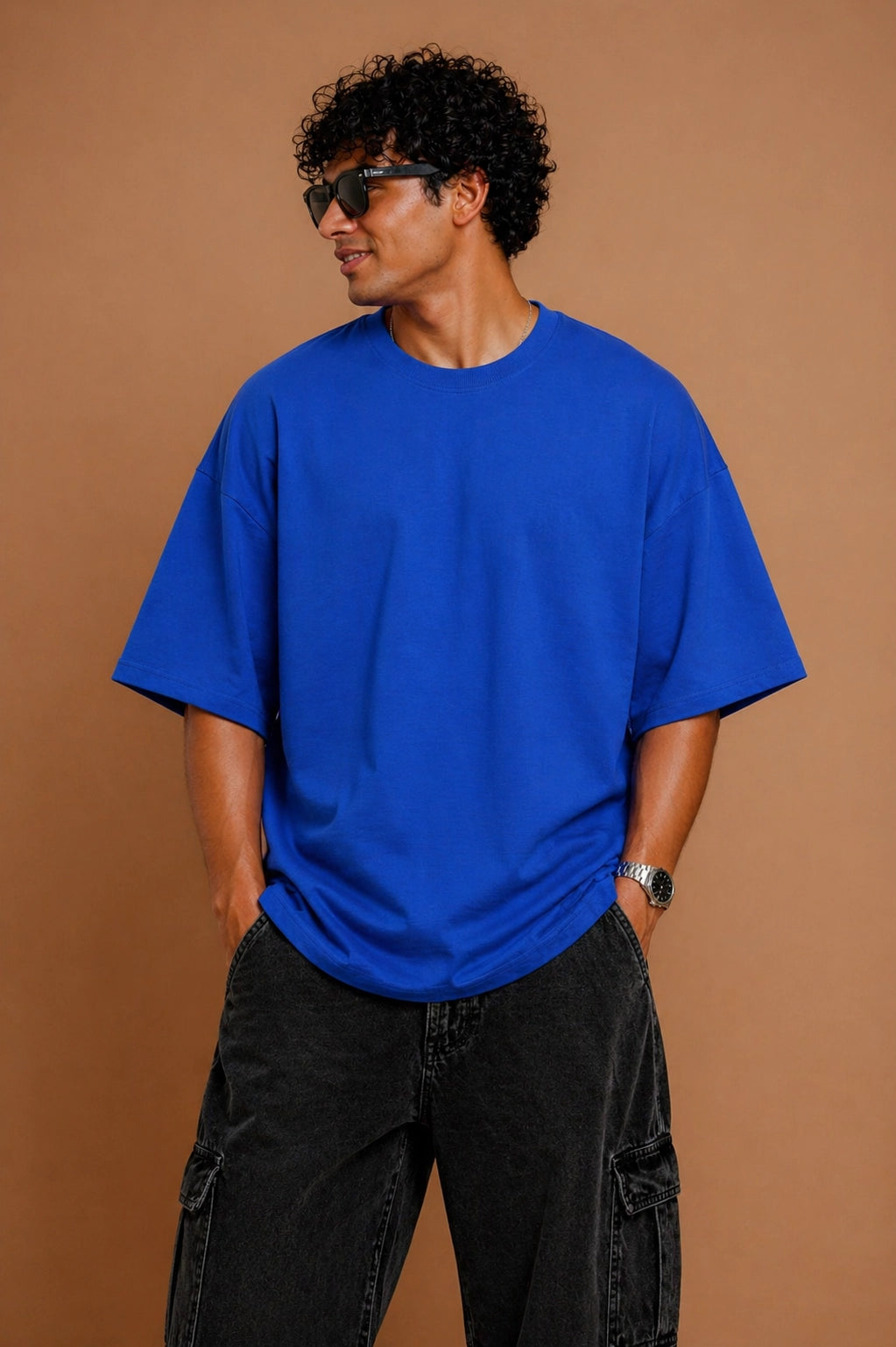Blue oversized T-shirt for men with relaxed fit premium cotton