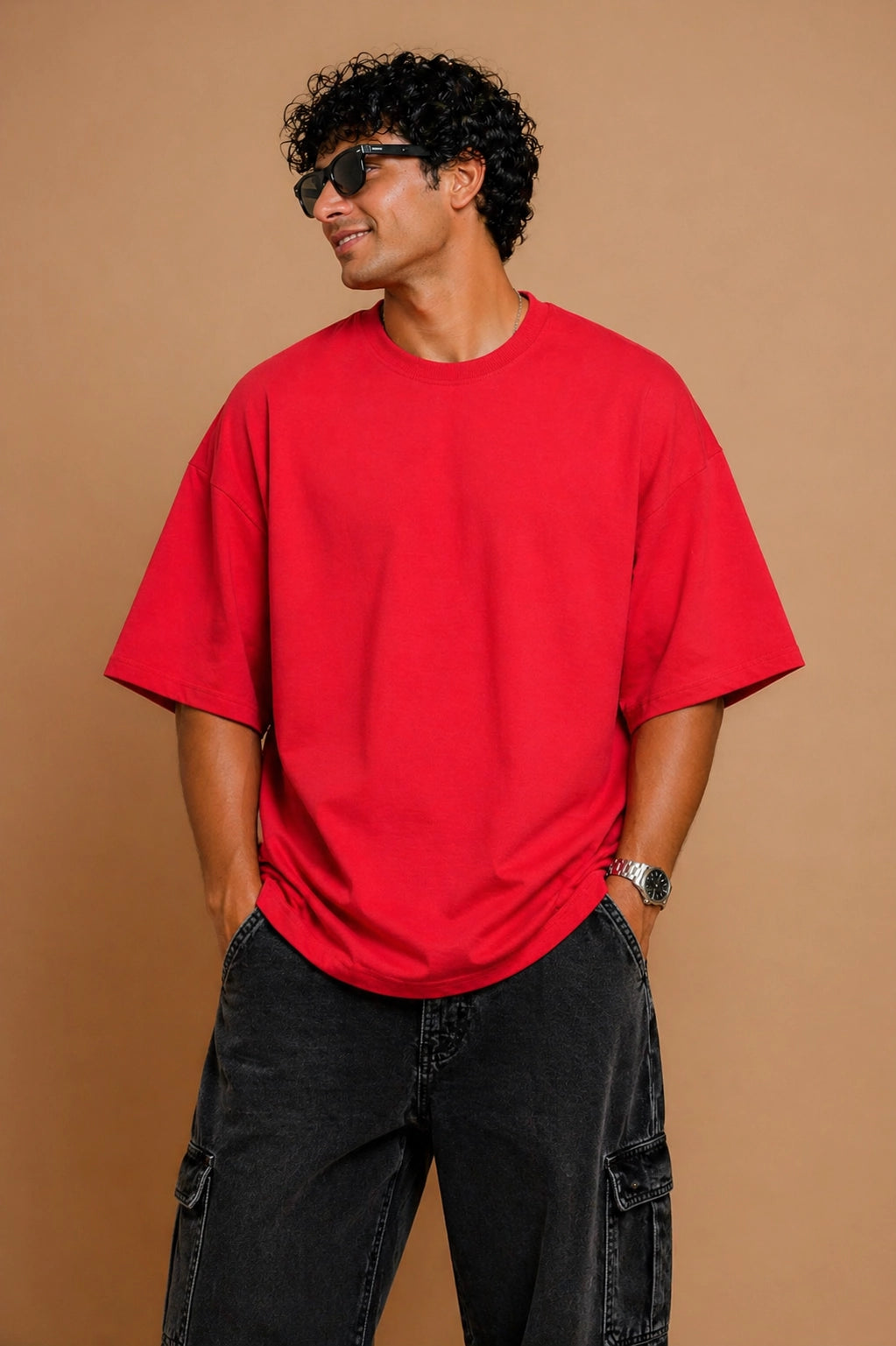 Red oversized T-shirt for men with relaxed fit premium cotton