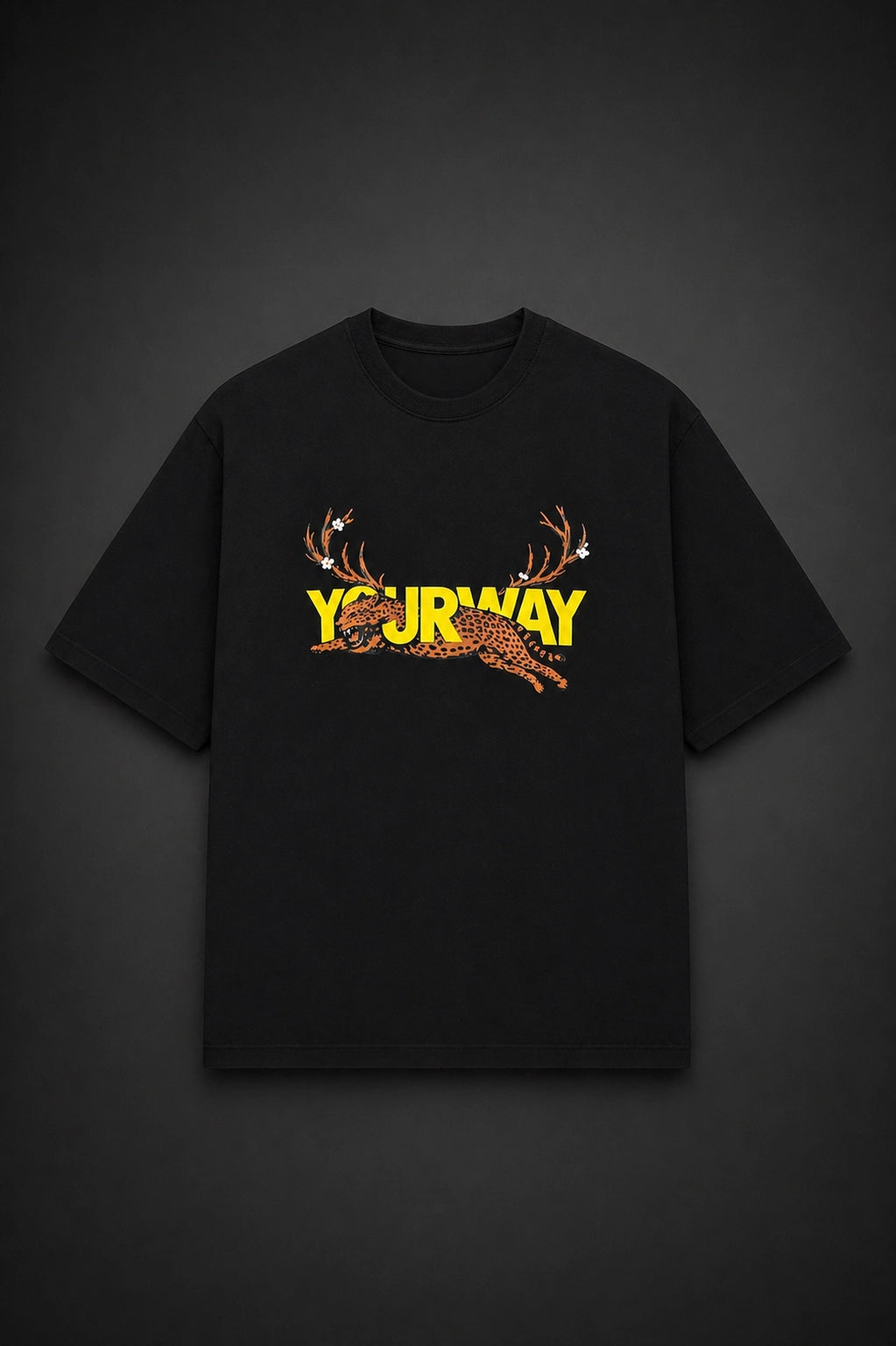Black oversized T-shirt for men featuring leopard graphic and “YourWay” logo in premium cotton with relaxed drop shoulder fit
