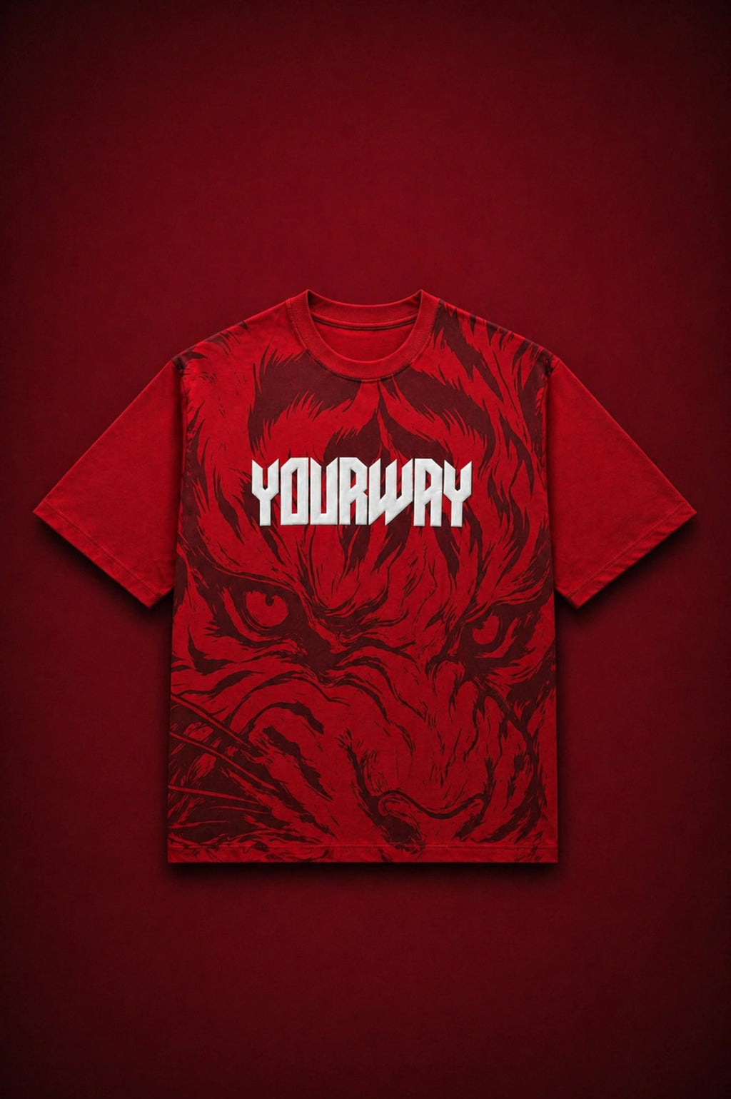 Red oversized graphic T-shirt with bold tiger face design and “YourWay” print in premium cotton, modern streetwear style for men