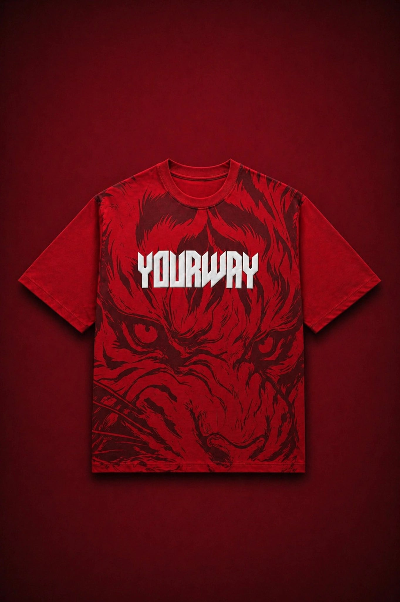 Red oversized graphic T-shirt with bold tiger face design and “YourWay” print in premium cotton, modern streetwear style for men